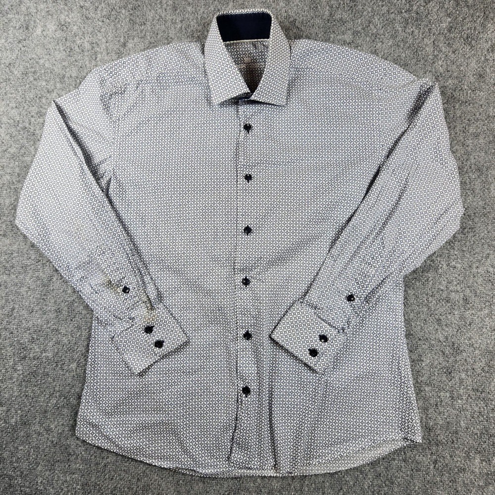 Bertigo Mens Navy White Geometric Print Cotton Long Sleeve Button Down Shirt XL